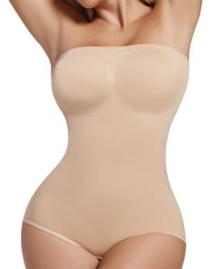 Seamless strapless waist shaper in nude beige showing adjustable straps, chest support, 3D butt lifting and openable crotch features