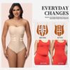 A side-by-side comparison showing the slimming results of a nude front closure body shaper under a tight red dress, alongside an abdominal compression diagram.