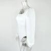 Side profile of a white puffy sleeve thong bodysuit on a mannequin, showing the puff sleeve volume, body length, and thong cut from a lateral angle