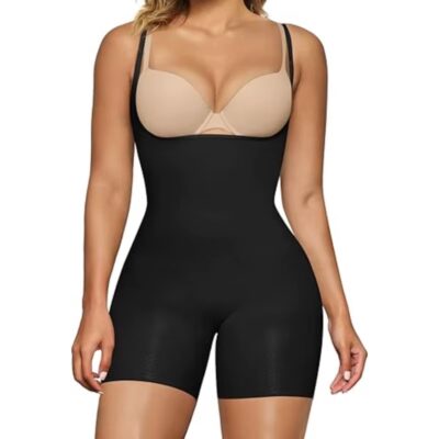 open bust sculpting shapewear shorts women black worn with own bra showing seamless tummy control design