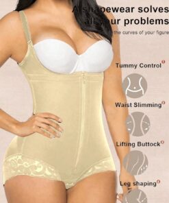 black zip front open bust body shaper with front zipper closure and lace trim