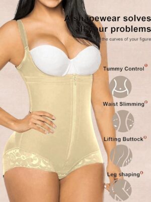 black zip front open bust body shaper with front zipper closure and lace trim