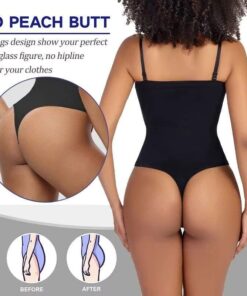 Back view of a model wearing a black thong-style shaping bodysuit highlighting the seamless no-hipline design.